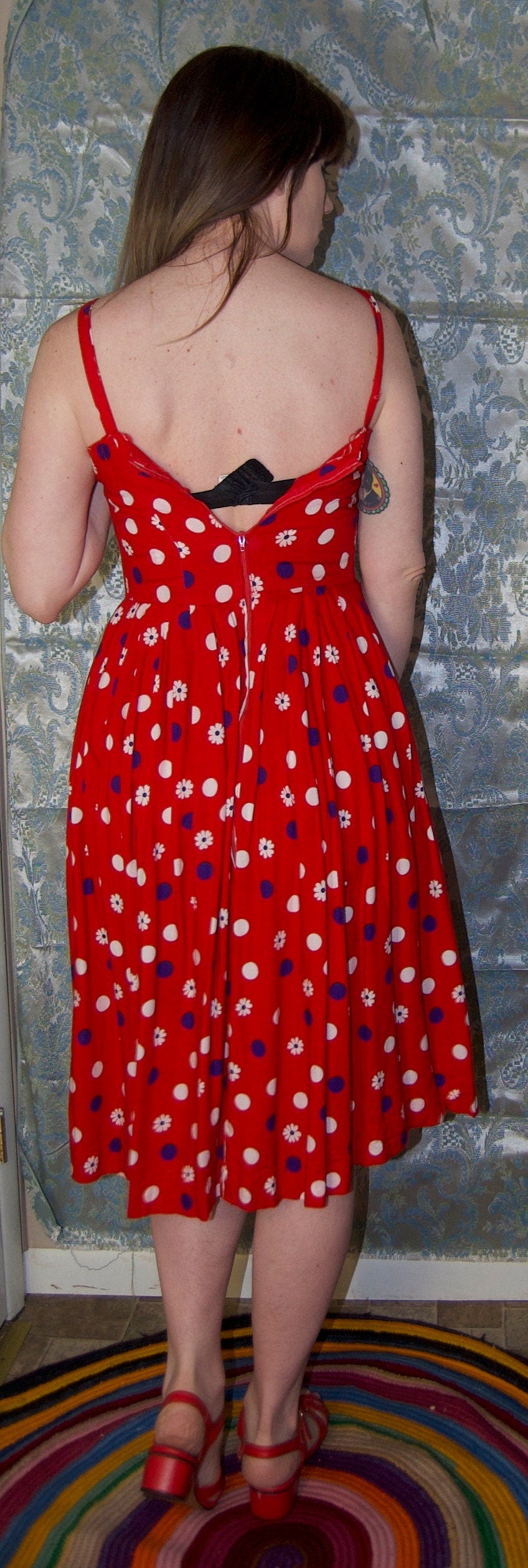 vtg 50s RAYON FLORAL DRESS // vintage polka dot dress xs womens autumn layering red patterned flowy festive party midi dress 60s cottage
