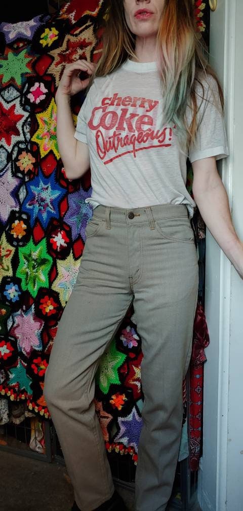 Vintage 70s LEVIS Sta-Prest Pants HIGH WAISTED Beige Pants Retro Skinny Jeans student campus tan jeans petite neutral tones preppy punk