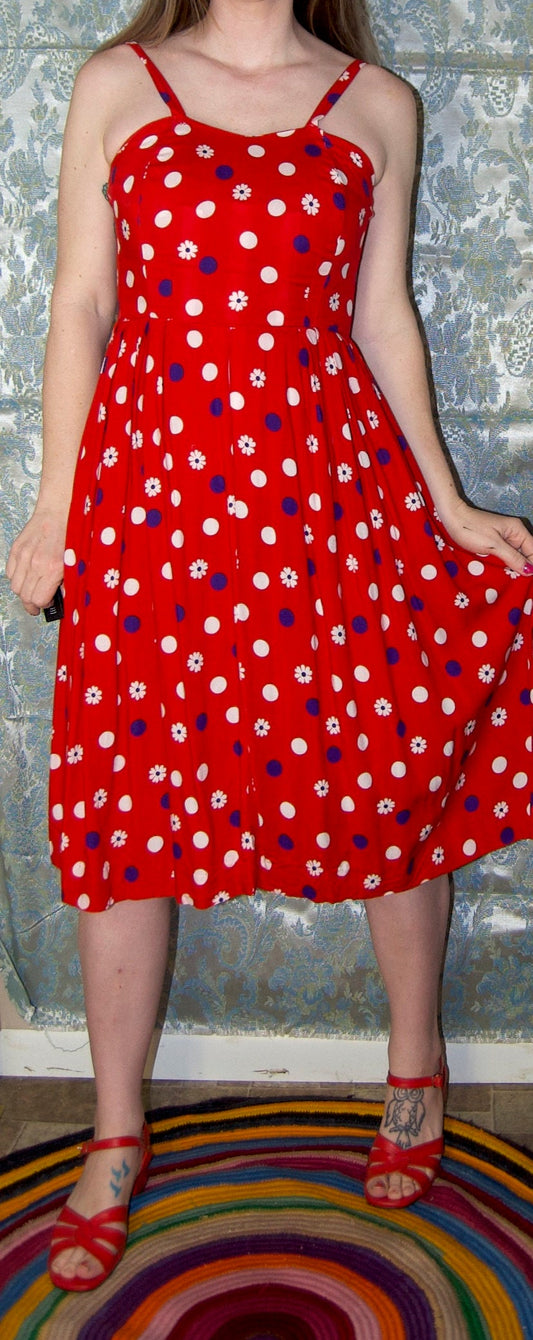vtg 50s RAYON FLORAL DRESS // vintage polka dot dress xs womens autumn layering red patterned flowy festive party midi dress 60s cottage