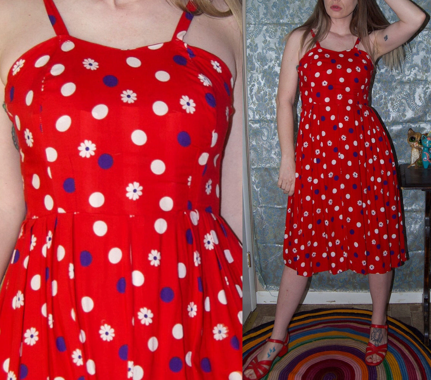vtg 50s RAYON FLORAL DRESS // vintage polka dot dress xs womens autumn layering red patterned flowy festive party midi dress 60s cottage