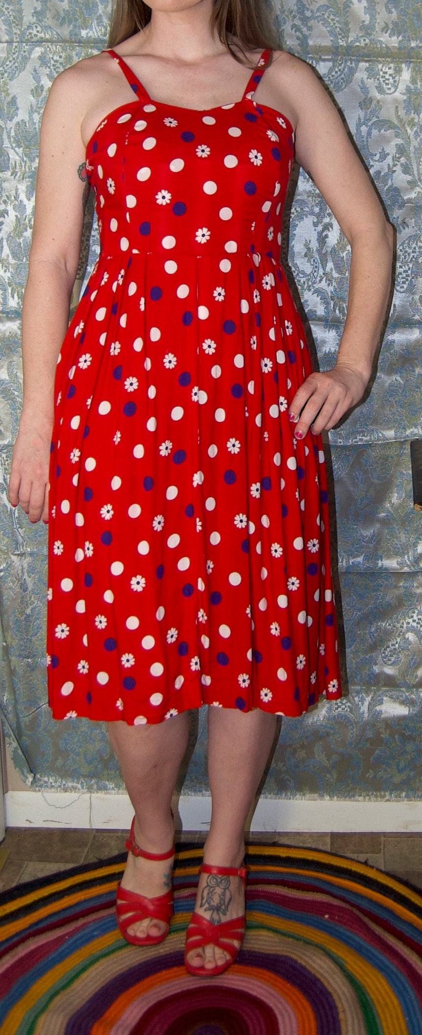 vtg 50s RAYON FLORAL DRESS // vintage polka dot dress xs womens autumn layering red patterned flowy festive party midi dress 60s cottage