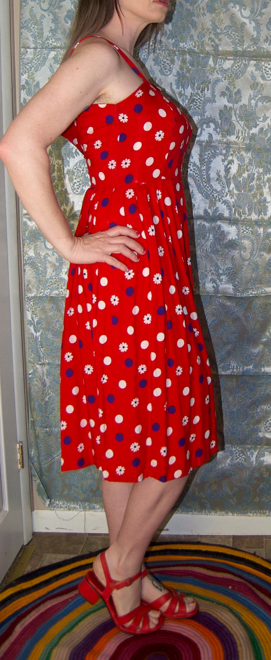 vtg 50s RAYON FLORAL DRESS // vintage polka dot dress xs womens autumn layering red patterned flowy festive party midi dress 60s cottage