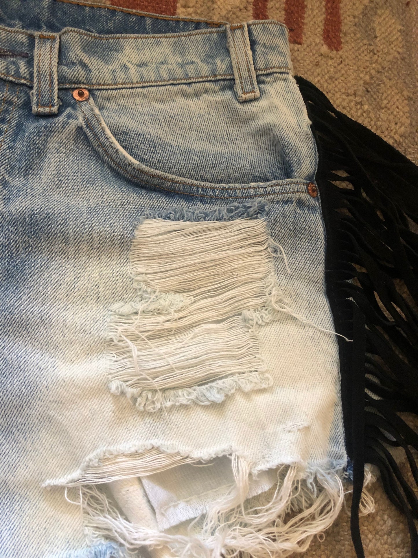 vtg 90s SUEDE FRINGE SHORTS // vintage orange tab Levis light wash white cut off denim jeans daisy dukes western biker babe harley davidson