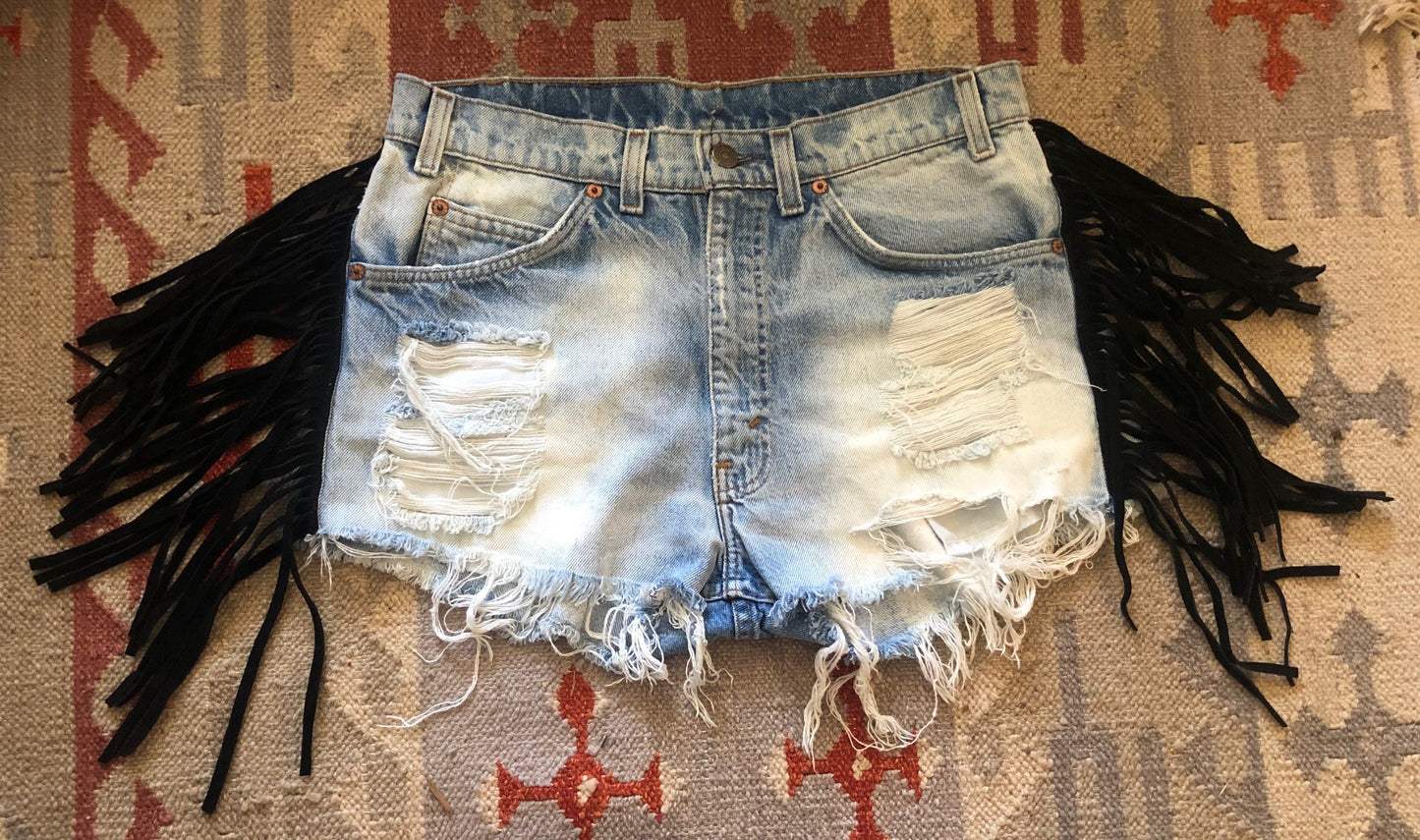 vtg 90s SUEDE FRINGE SHORTS // vintage orange tab Levis light wash white cut off denim jeans daisy dukes western biker babe harley davidson