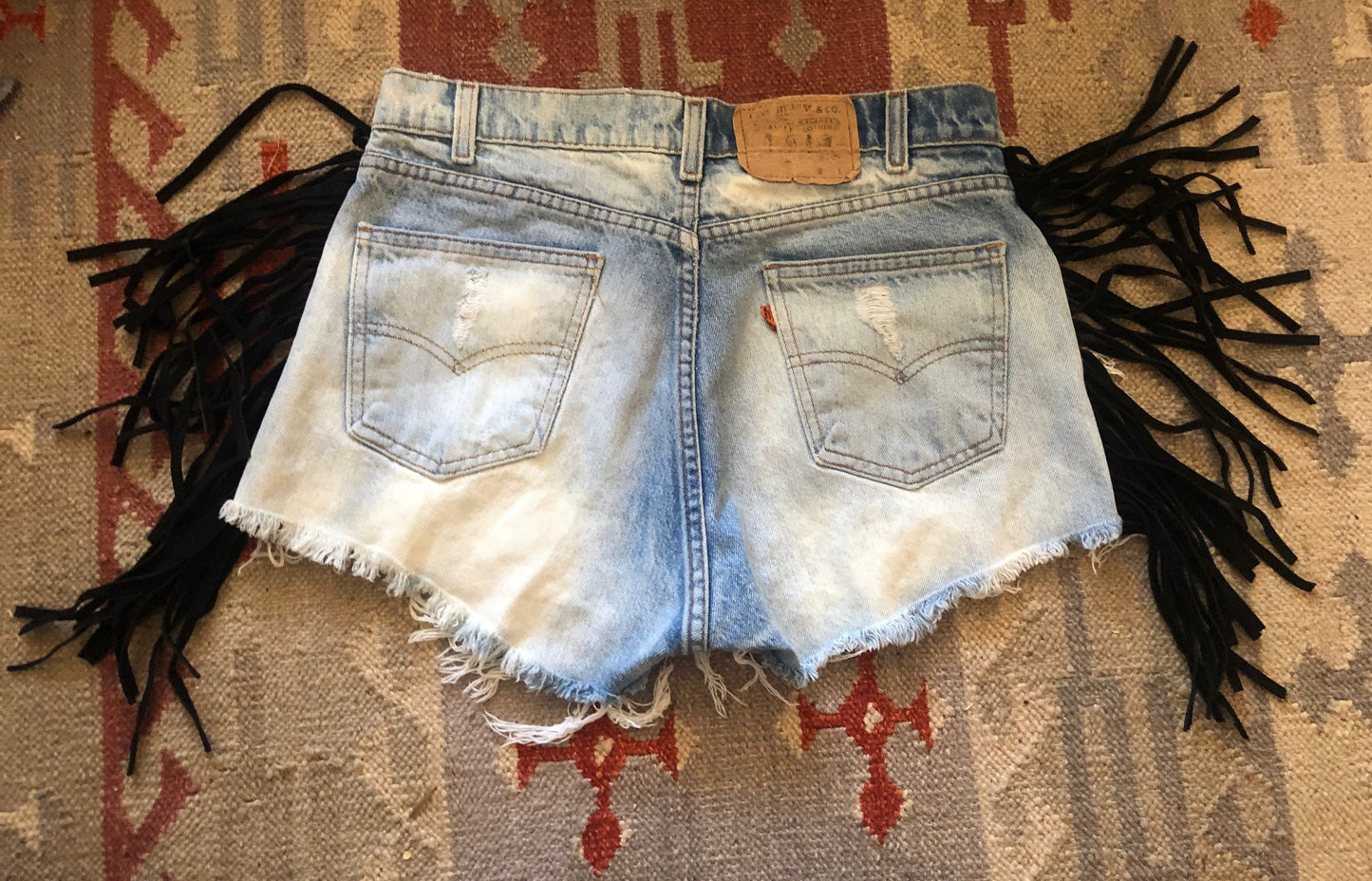 vtg 90s SUEDE FRINGE SHORTS // vintage orange tab Levis light wash white cut off denim jeans daisy dukes western biker babe harley davidson