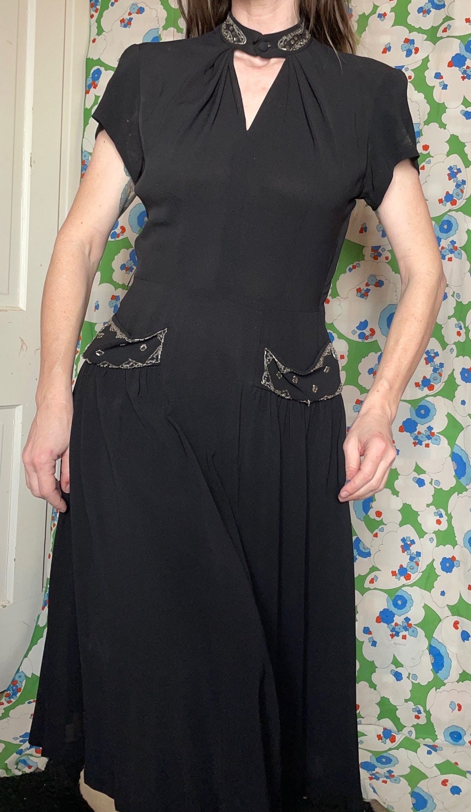 vtg 1940s COCKTAIL PARTY DRESS // inky black rayon crepe cut out beaded embellished evening dress with pockets slinky soft goth midcentury