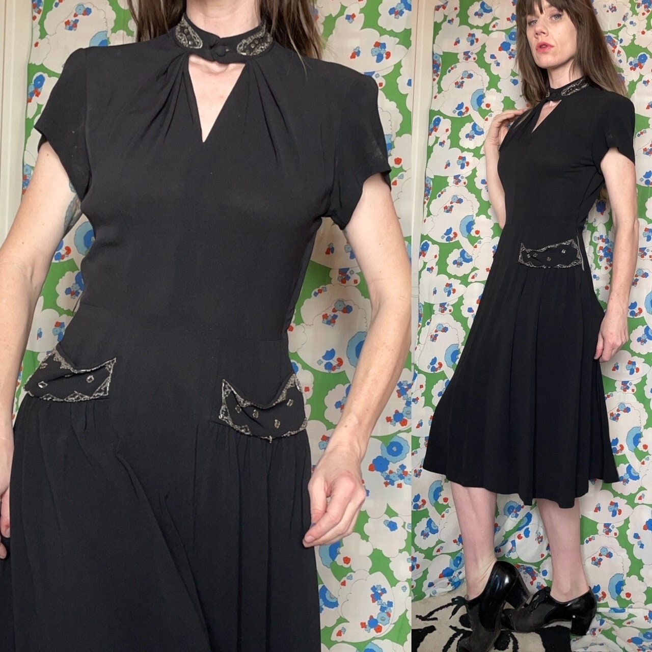 vtg 1940s COCKTAIL PARTY DRESS // inky black rayon crepe cut out beaded embellished evening dress with pockets slinky soft goth midcentury
