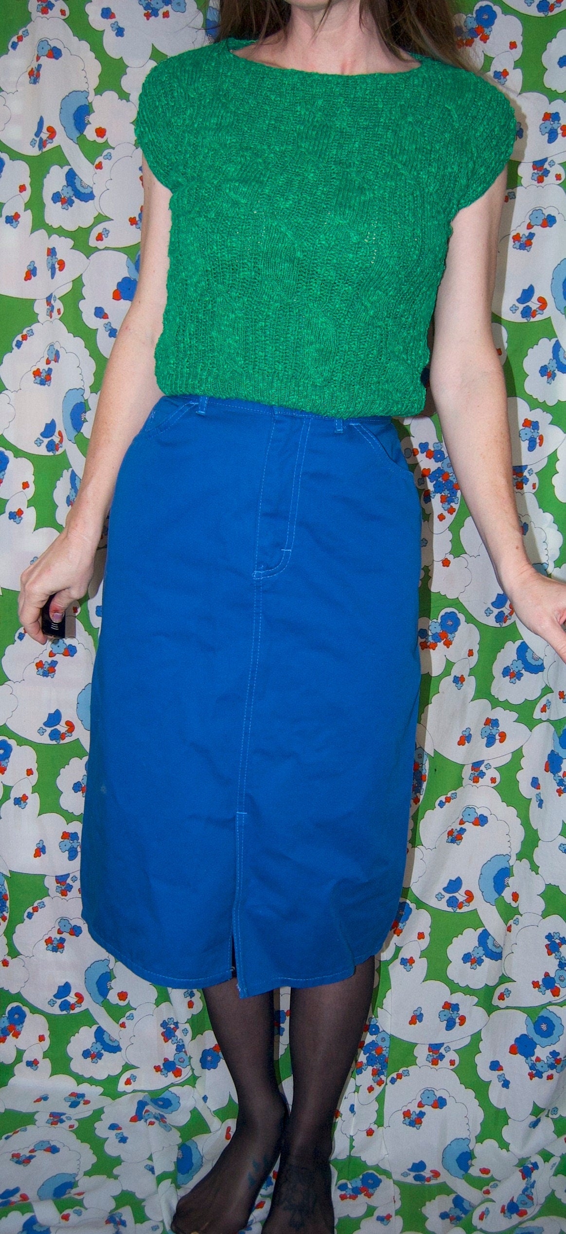 vtg 70s LEE BRIGHT BLUE Skirt // vintage knee length high waisted western mod hippie autumn fall fashion midi skirt