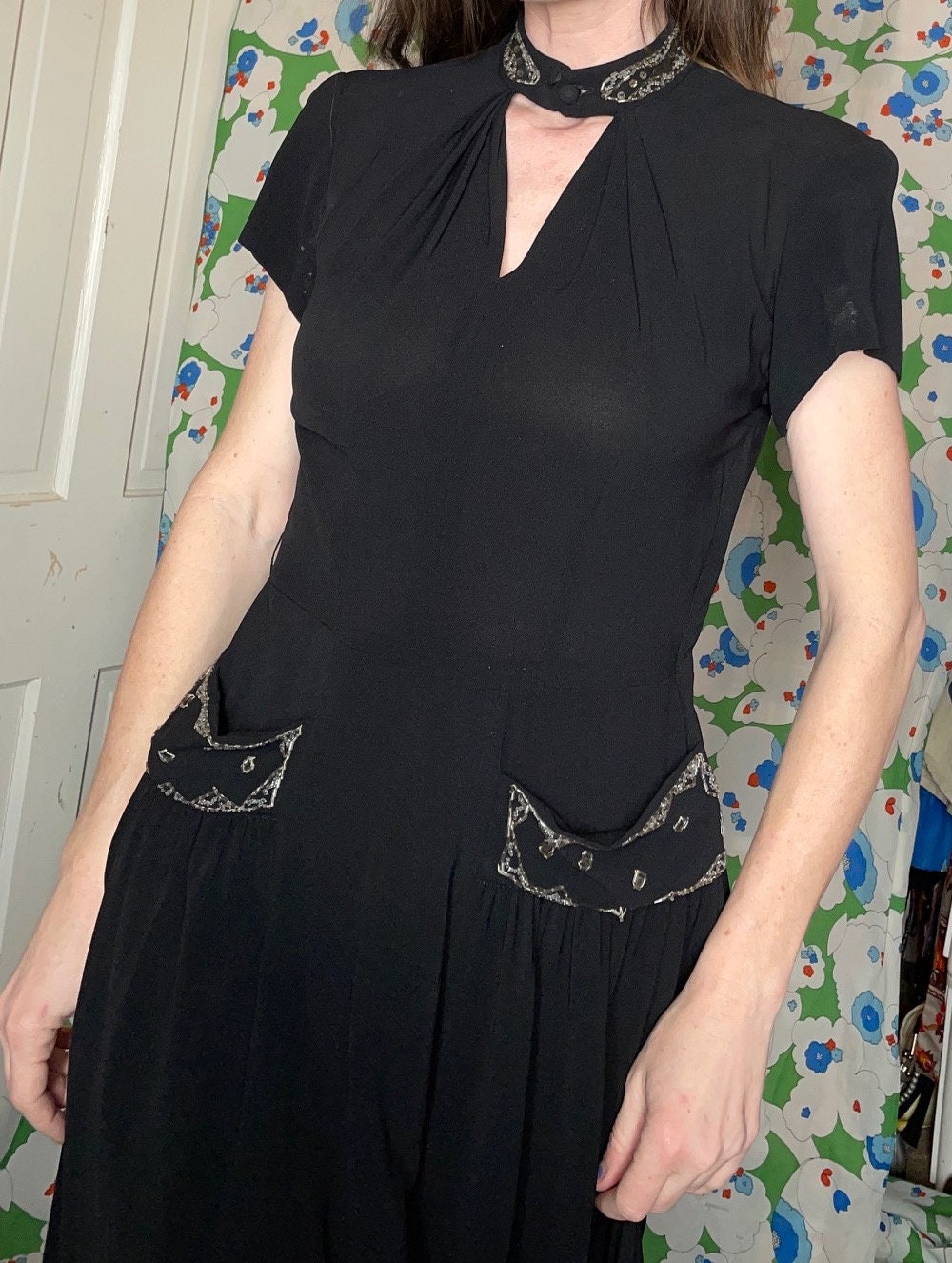 vtg 1940s COCKTAIL PARTY DRESS // inky black rayon crepe cut out beaded embellished evening dress with pockets slinky soft goth midcentury