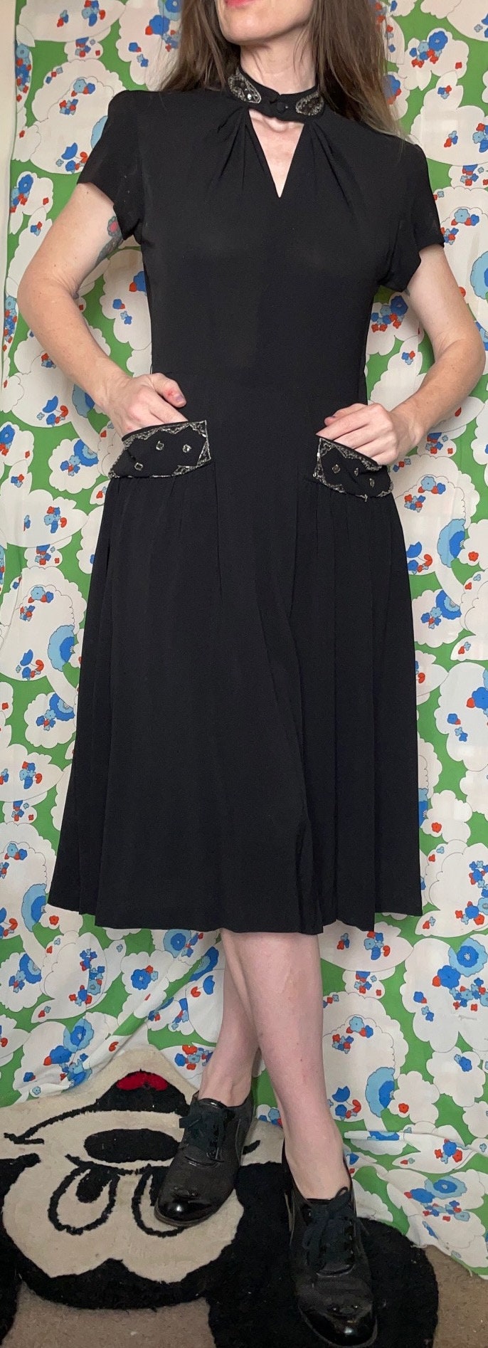 vtg 1940s COCKTAIL PARTY DRESS // inky black rayon crepe cut out beaded embellished evening dress with pockets slinky soft goth midcentury