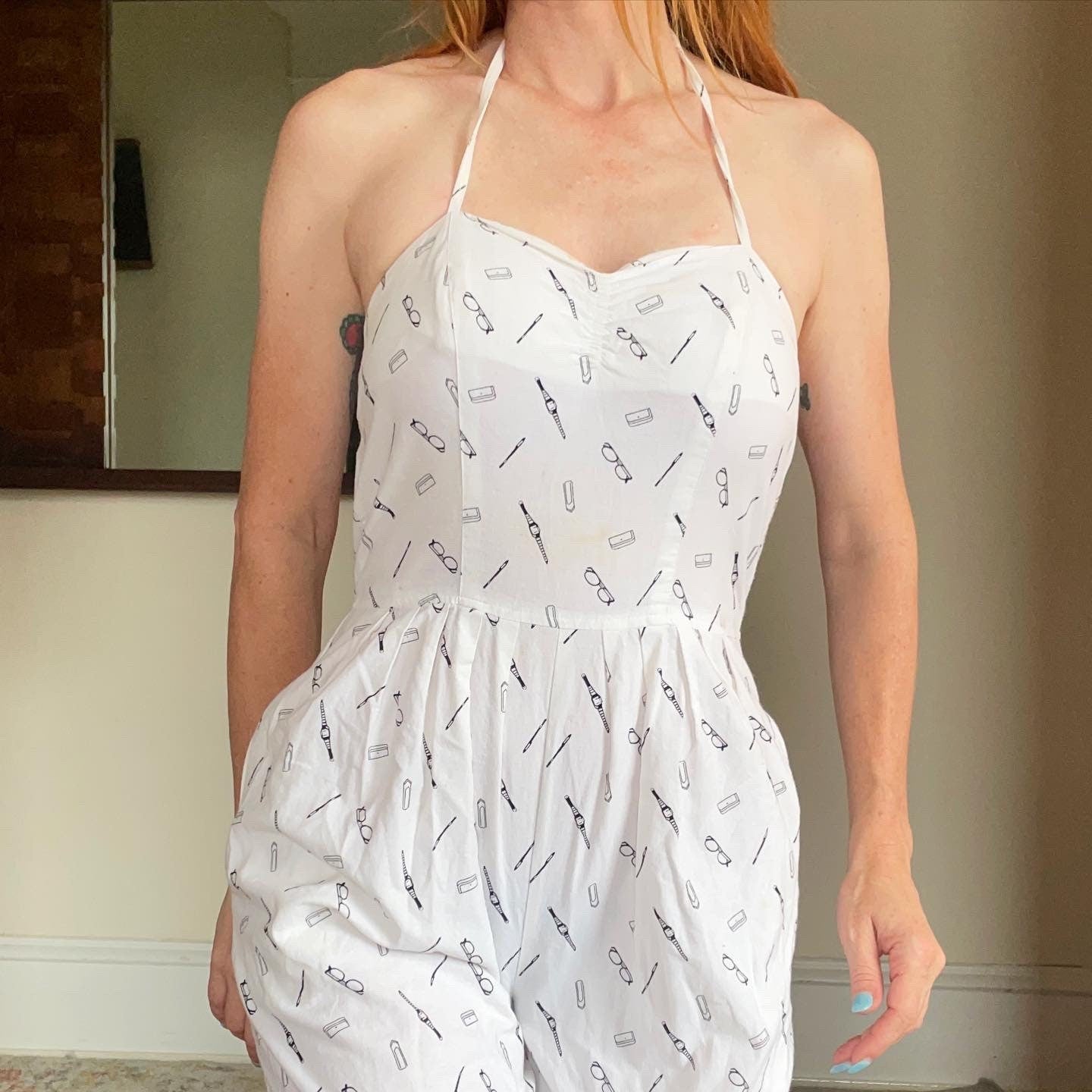 vtg 80s NOVELTY PRINT JUMPSUIT // vintage eyeglasses pattern sweetheart push up pantsuit skinny tapered leg cotton catsuit madonna pin up