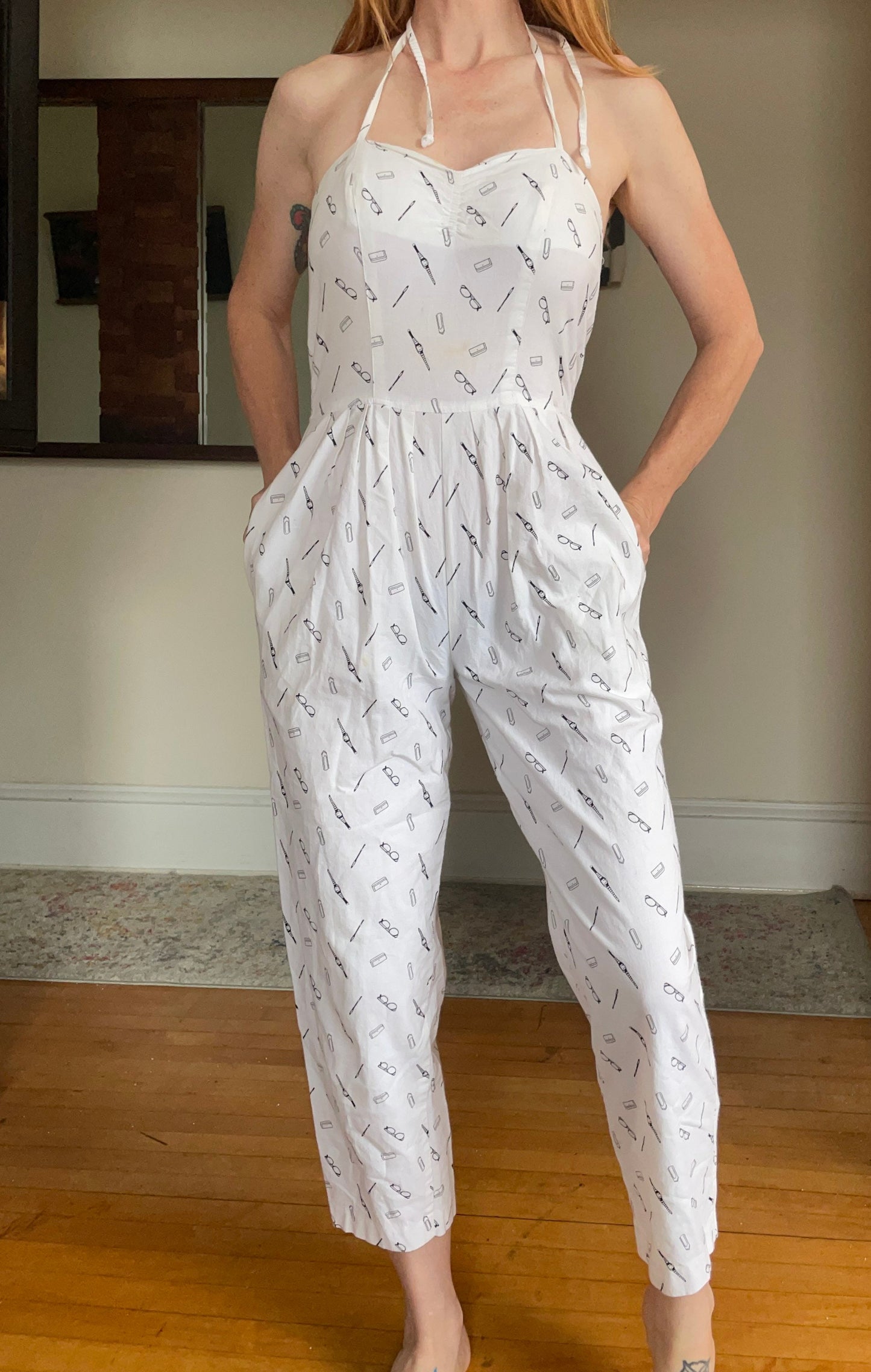 vtg 80s NOVELTY PRINT JUMPSUIT // vintage eyeglasses pattern sweetheart push up pantsuit skinny tapered leg cotton catsuit madonna pin up