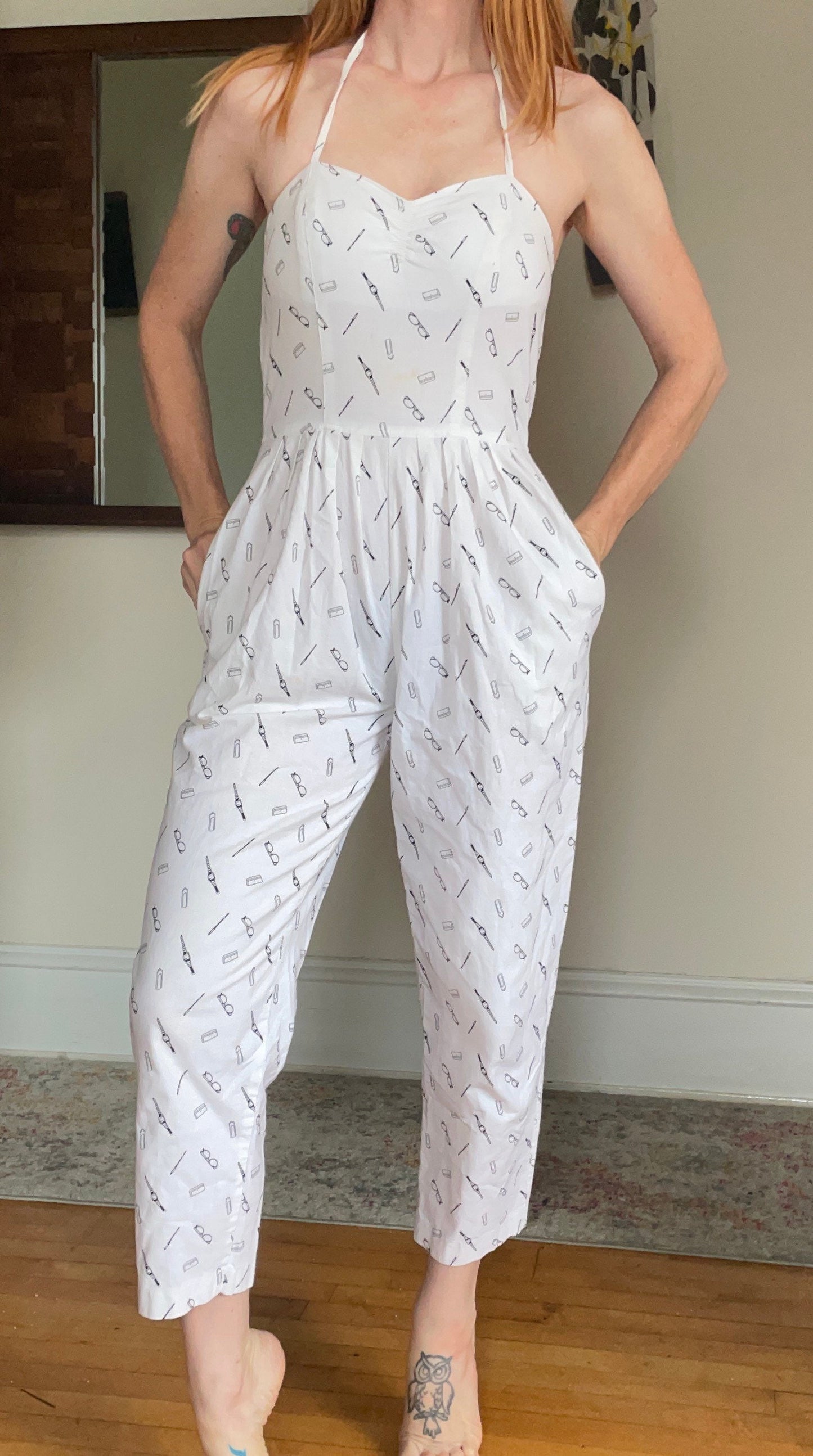 vtg 80s NOVELTY PRINT JUMPSUIT // vintage eyeglasses pattern sweetheart push up pantsuit skinny tapered leg cotton catsuit madonna pin up
