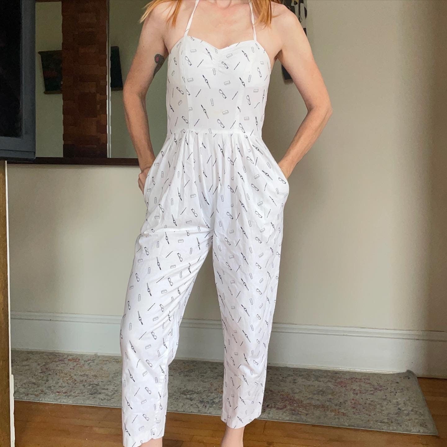 vtg 80s NOVELTY PRINT JUMPSUIT // vintage eyeglasses pattern sweetheart push up pantsuit skinny tapered leg cotton catsuit madonna pin up
