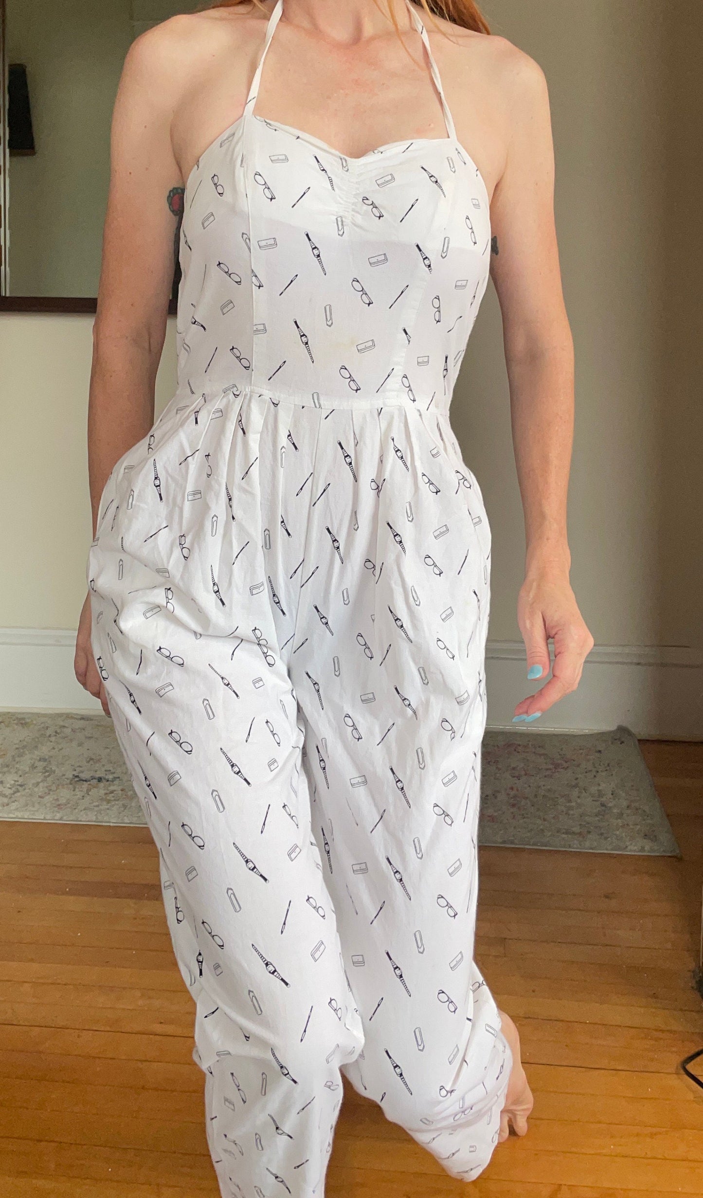 vtg 80s NOVELTY PRINT JUMPSUIT // vintage eyeglasses pattern sweetheart push up pantsuit skinny tapered leg cotton catsuit madonna pin up