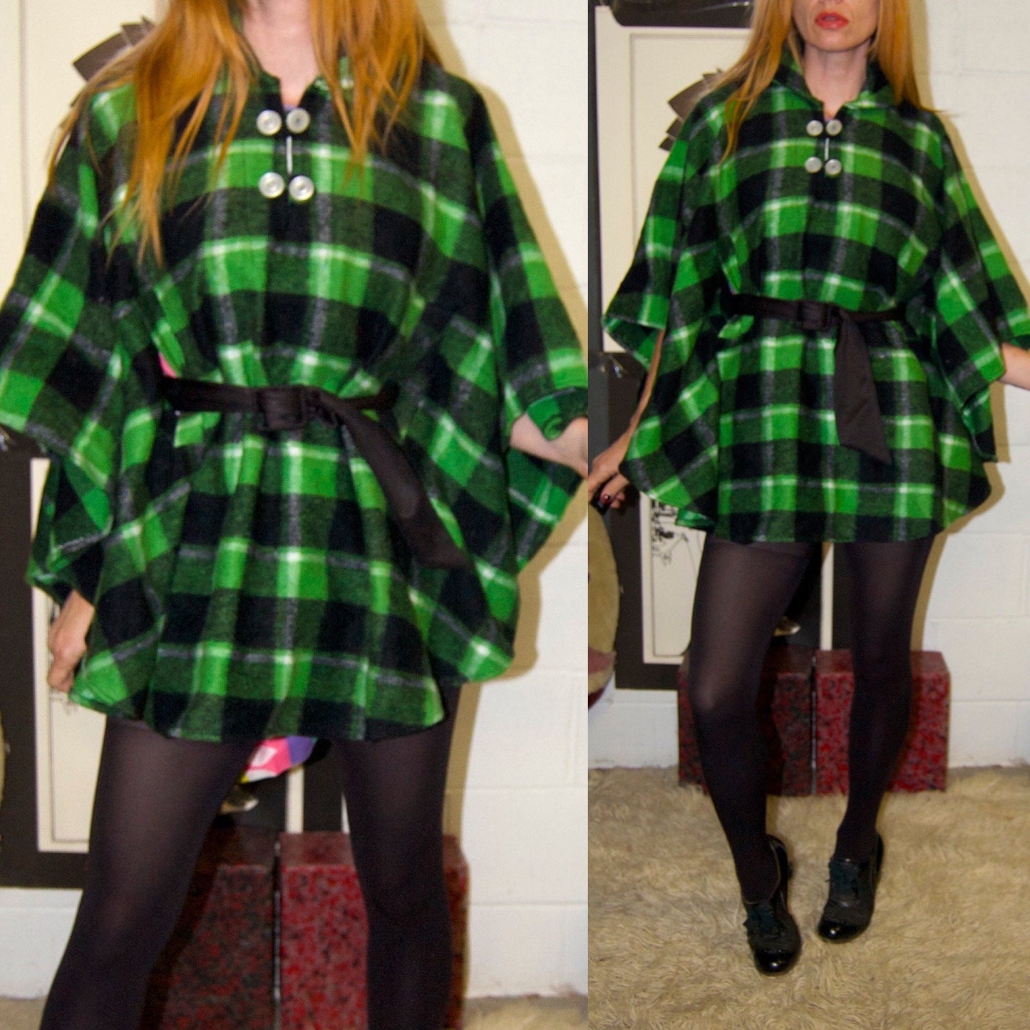 vtg 70s PLAID PONCHO CAPE dress // vintage green and black checkered autumn mini dress hippie boho cover up mod retro layers preppy cottage