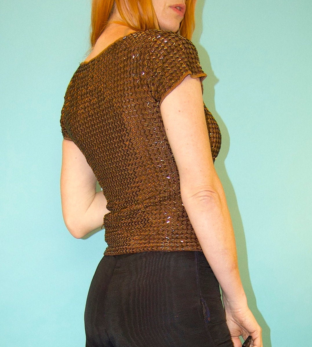 vtg BEADED GOLD SEQUIN top fitted cropped fancy shirt 70s 80s blingy shiny blouse