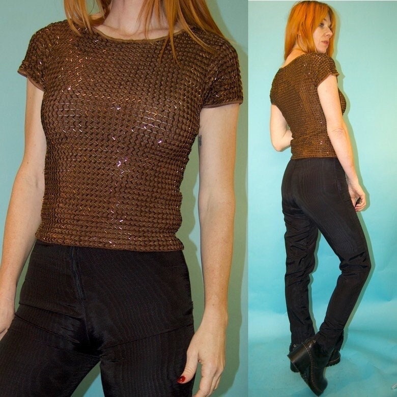 vtg BEADED GOLD SEQUIN top fitted cropped fancy shirt 70s 80s blingy shiny blouse