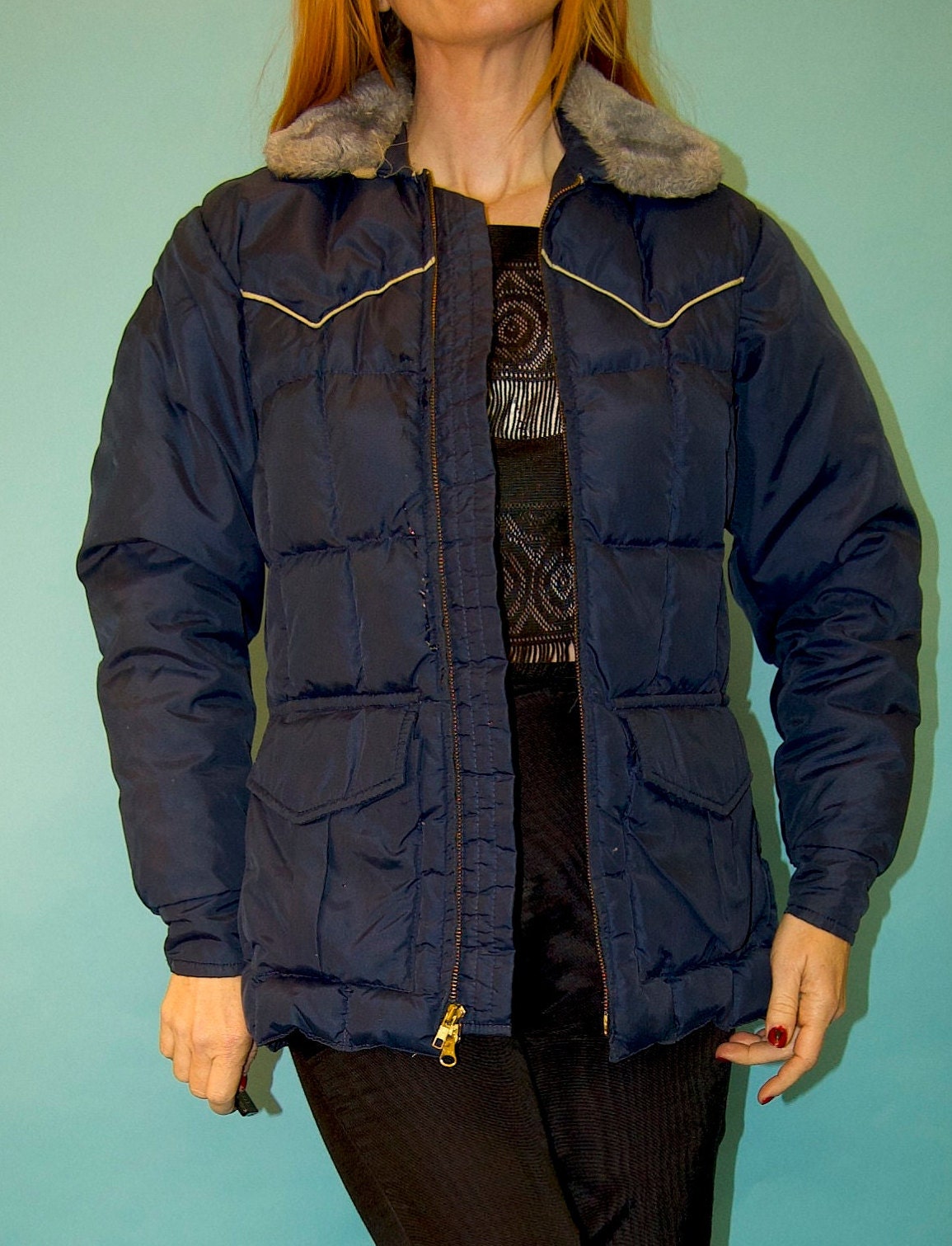 vtg 70s BLUE PUFFER JACKET faux fur trim retro kelso that 70s show style mid length ski jacket