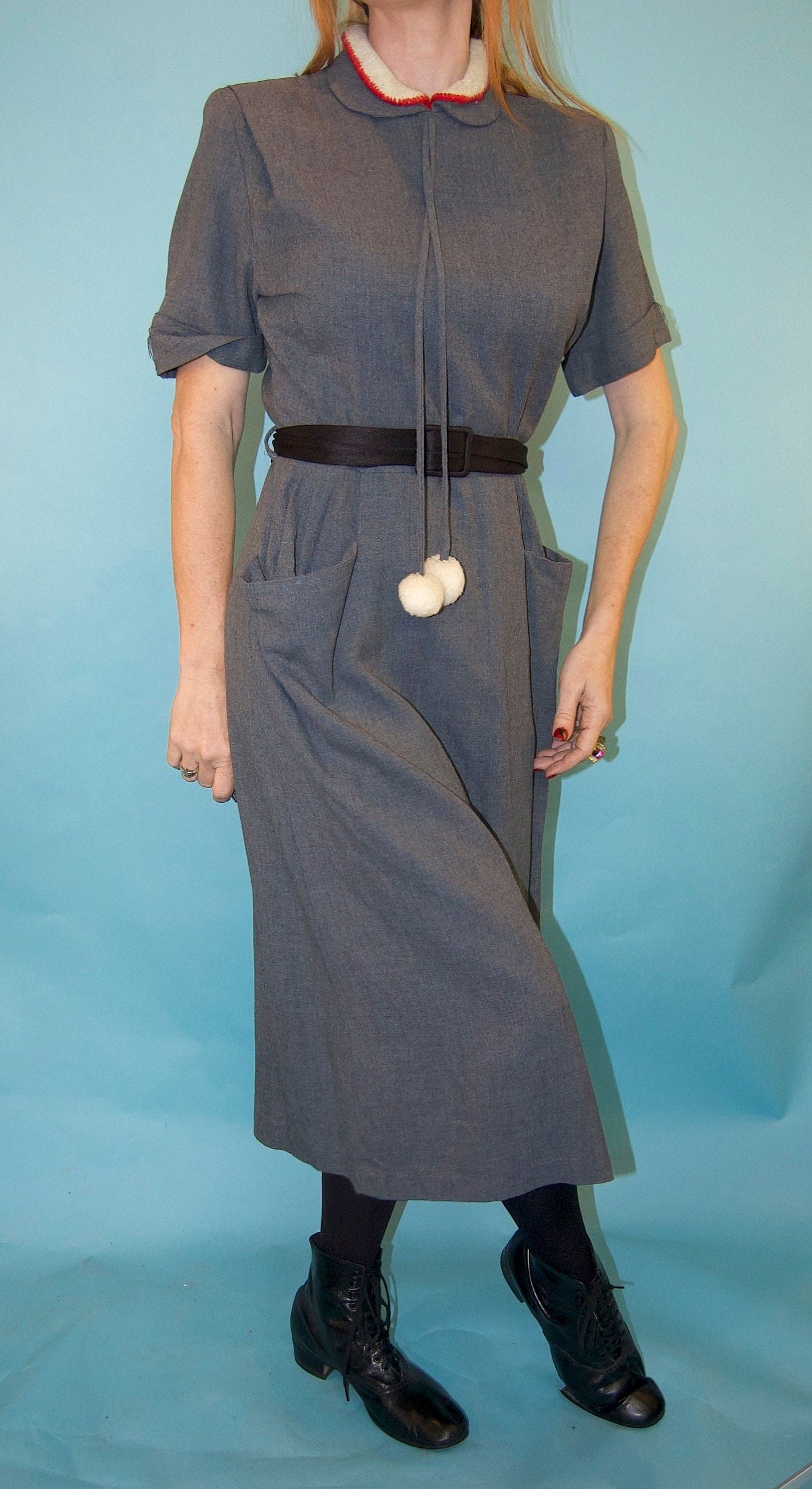 vtg 1940s 50s Grey Gabardine RAYON DRESS // Vintage Angora pom pom collar Rayon Dress // 40s day Dress secretary nurse nun boss femme