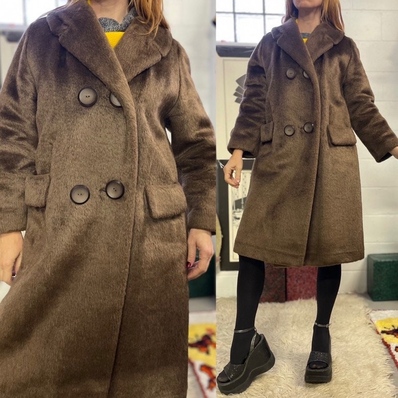 vtg 60s FAUX FUR COAT // pewter brown mod jacket fuzzy winter coat stroller peacoat pile tan outdoor glam style winter femme marlboro movie