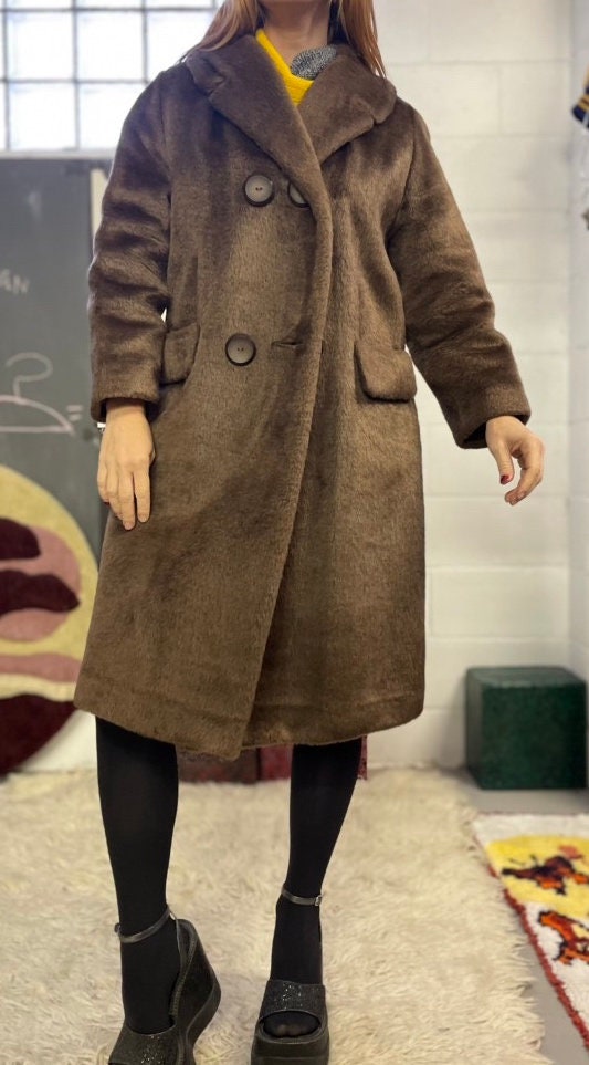 vtg 60s FAUX FUR COAT // pewter brown mod jacket fuzzy winter coat stroller peacoat pile tan outdoor glam style winter femme marlboro movie