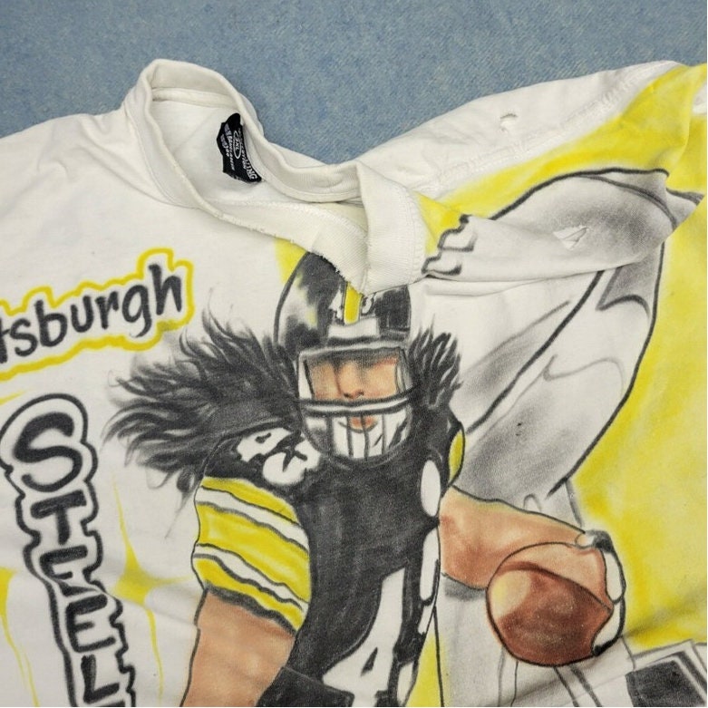 vtg 90s PITTSBURGH STEELERS TEE  // airbrushed football bootleg parking lot rap tee numbers art all over big face print soft thin fan art