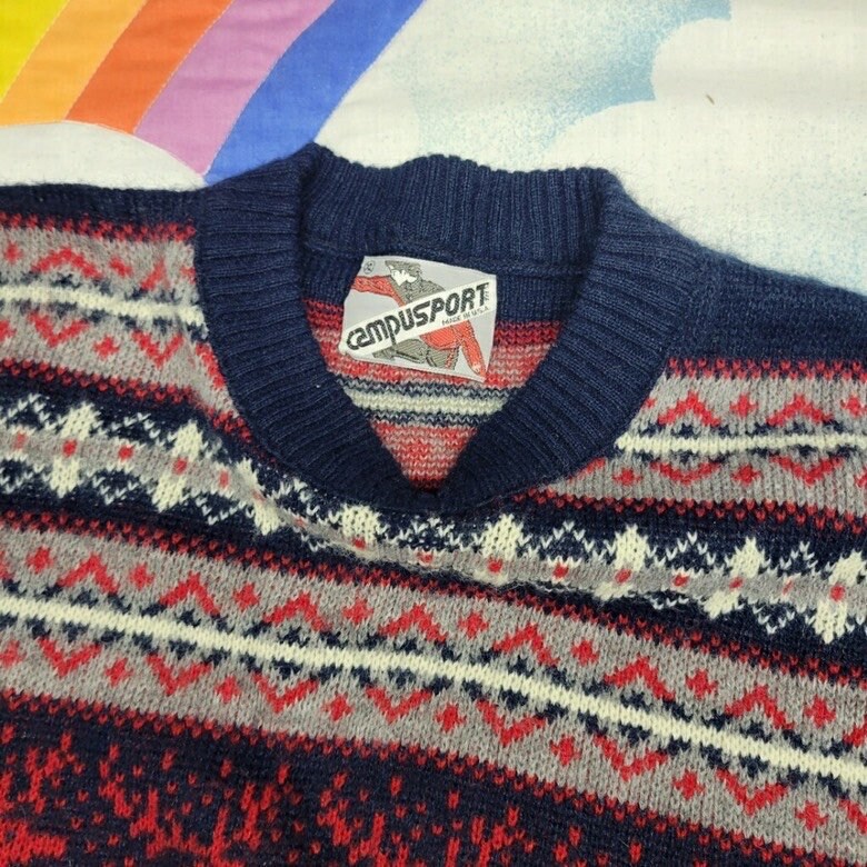 vtg 70s CAMPUS REINDEER SWEATER // vintage holiday festive party 60s novelty jumper all over print xmas santa winter themed cozy cottage