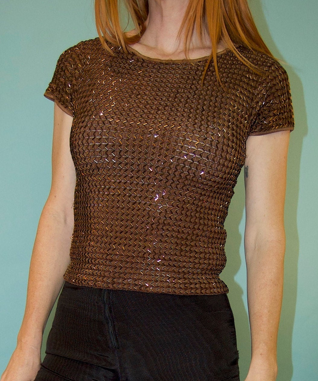 vtg BEADED GOLD SEQUIN top fitted cropped fancy shirt 70s 80s blingy shiny blouse