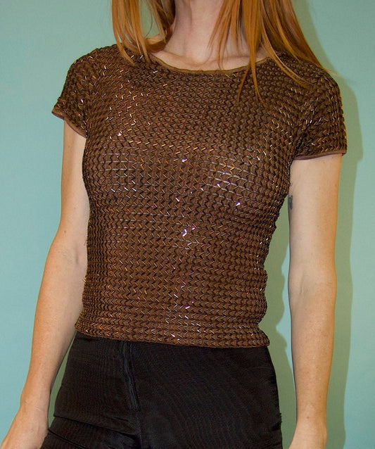 vtg BEADED GOLD SEQUIN top fitted cropped fancy shirt 70s 80s blingy shiny blouse