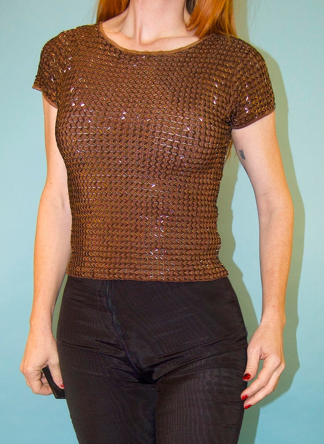 vtg BEADED GOLD SEQUIN top fitted cropped fancy shirt 70s 80s blingy shiny blouse