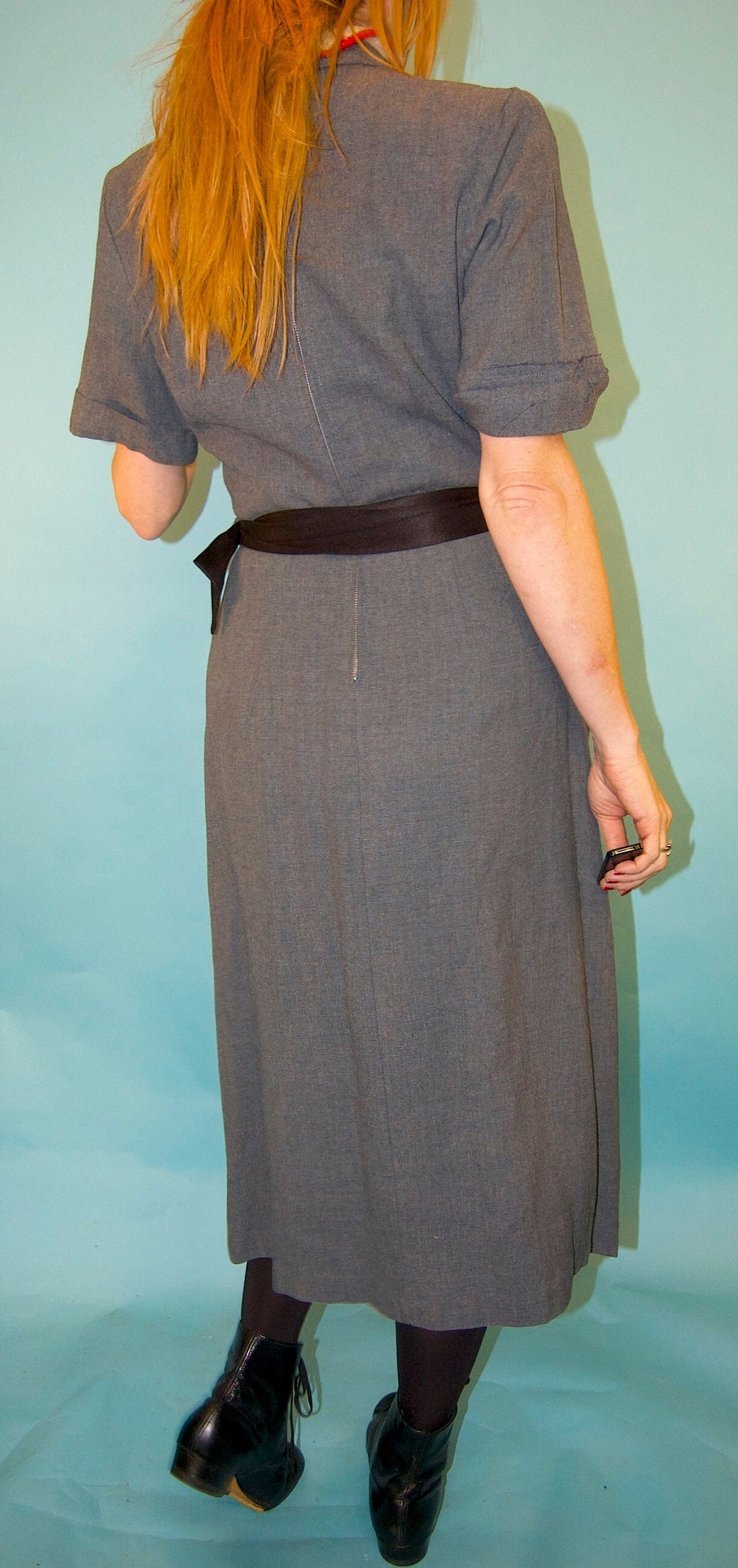 vtg 1940s 50s Grey Gabardine RAYON DRESS // Vintage Angora pom pom collar Rayon Dress // 40s day Dress secretary nurse nun boss femme