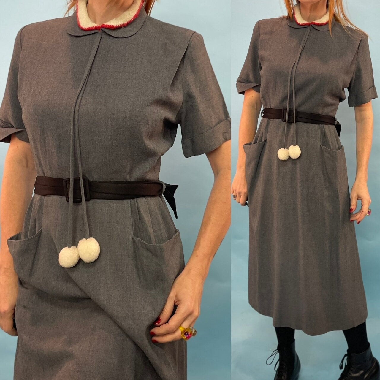 vtg 1940s 50s Grey Gabardine RAYON DRESS // Vintage Angora pom pom collar Rayon Dress // 40s day Dress secretary nurse nun boss femme