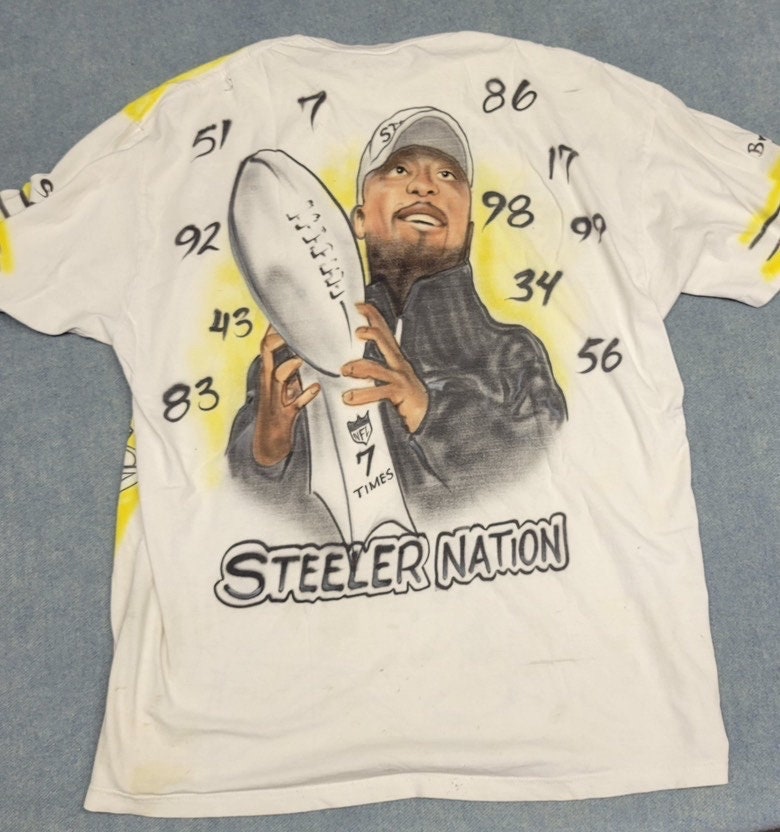 vtg 90s PITTSBURGH STEELERS TEE  // airbrushed football bootleg parking lot rap tee numbers art all over big face print soft thin fan art