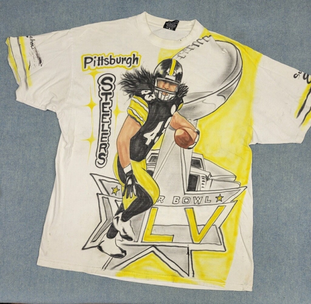 vtg 90s PITTSBURGH STEELERS TEE  // airbrushed football bootleg parking lot rap tee numbers art all over big face print soft thin fan art