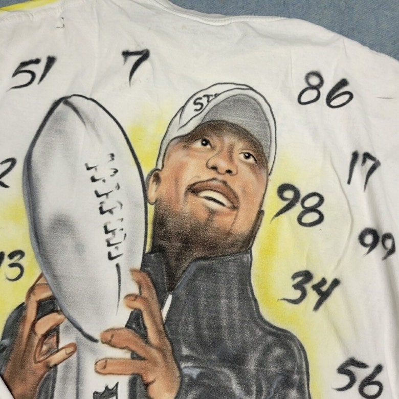 vtg 90s PITTSBURGH STEELERS TEE  // airbrushed football bootleg parking lot rap tee numbers art all over big face print soft thin fan art