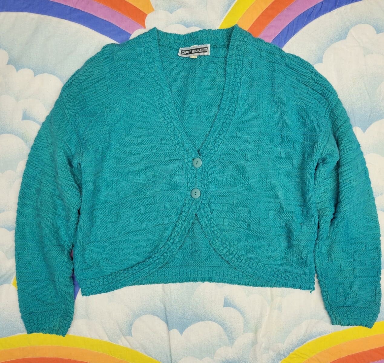 vtg 90s BRIGHT TEAL CARDIGAN // thick knit button up cropped casual solid color baggy fitted long sleeve blue textured knit school sweater