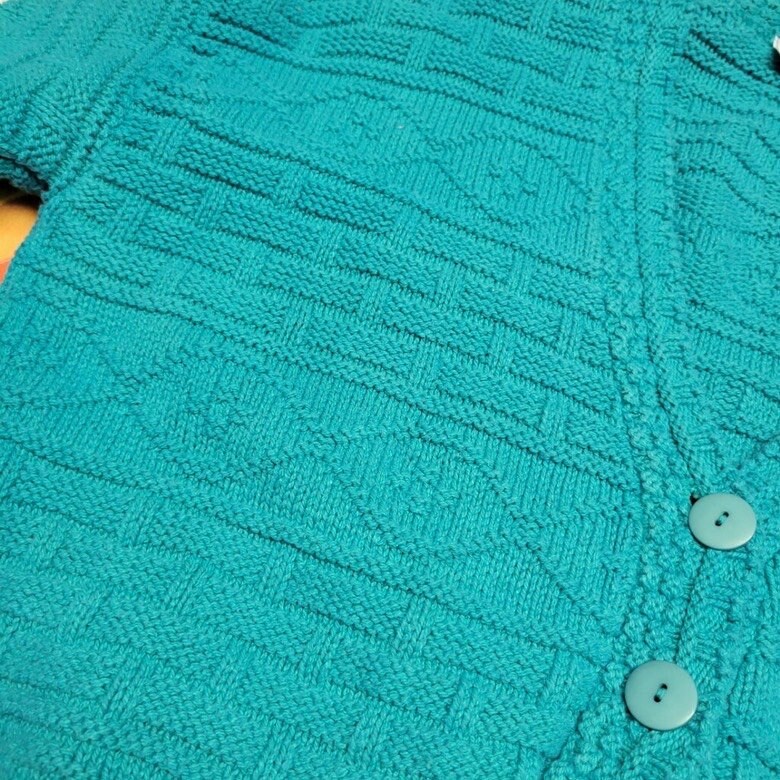 vtg 90s BRIGHT TEAL CARDIGAN // thick knit button up cropped casual solid color baggy fitted long sleeve blue textured knit school sweater