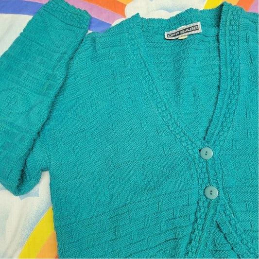 vtg 90s BRIGHT TEAL CARDIGAN // thick knit button up cropped casual solid color baggy fitted long sleeve blue textured knit school sweater