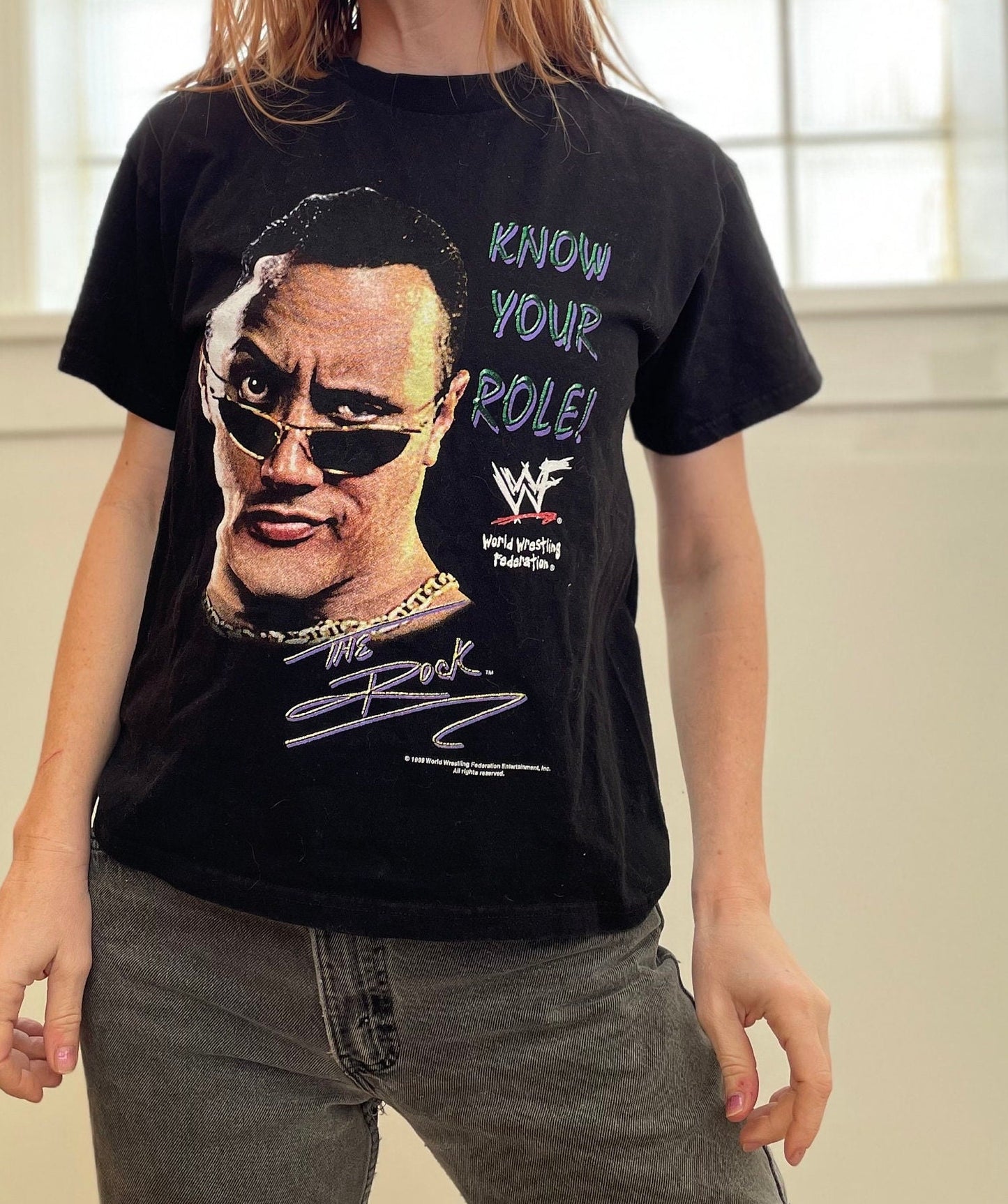 vtg 90s THE ROCK SHIRT // vintage wwf wrestling Y2K t-shirt dwayne the rock johnson eyebrow up movie star idol maui moana los angeles retro