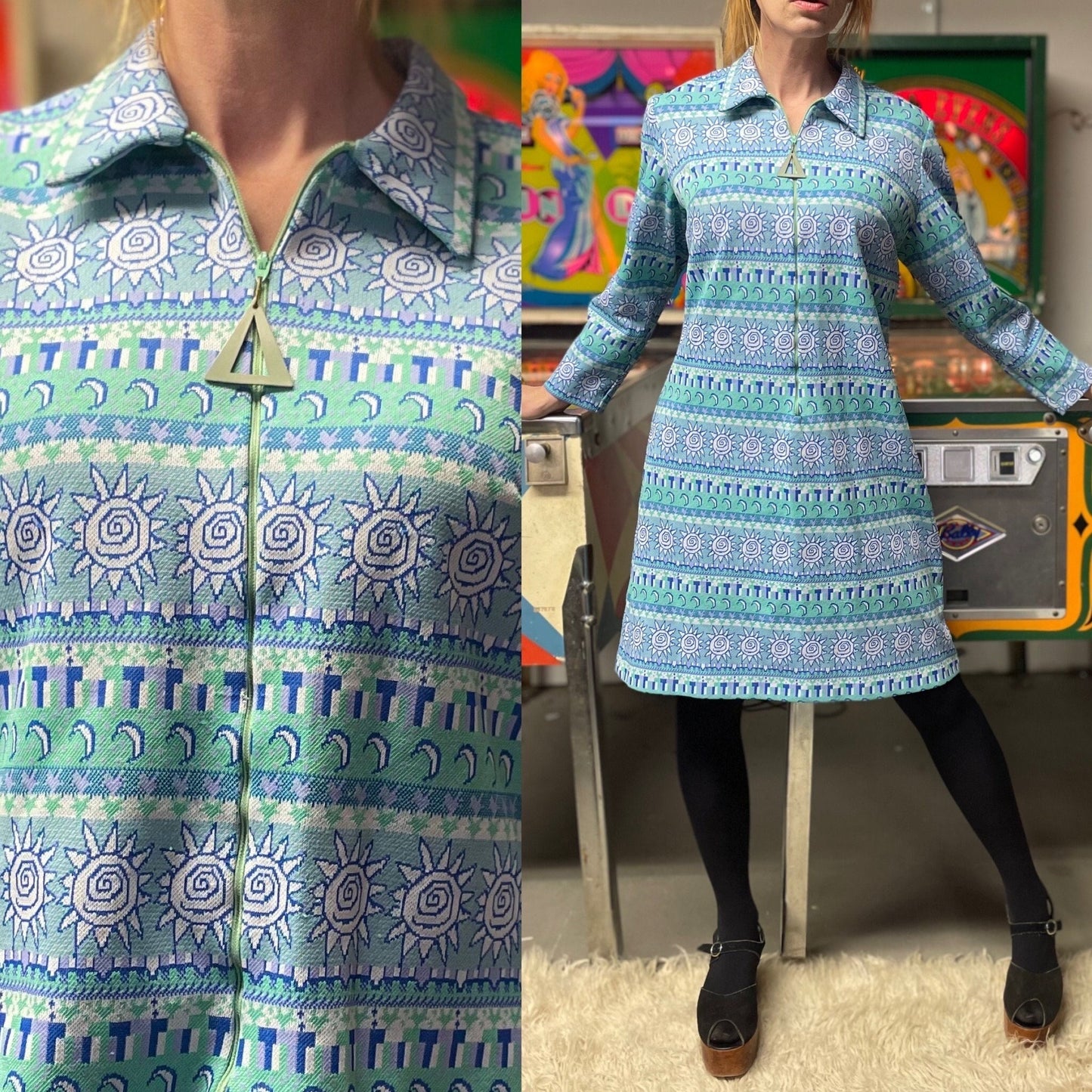 vtg 70s MOON & STARS DRESS // vintage mod celestial pattern tapestry knit sky blue zip white zodiac horoscope all over print novelty print