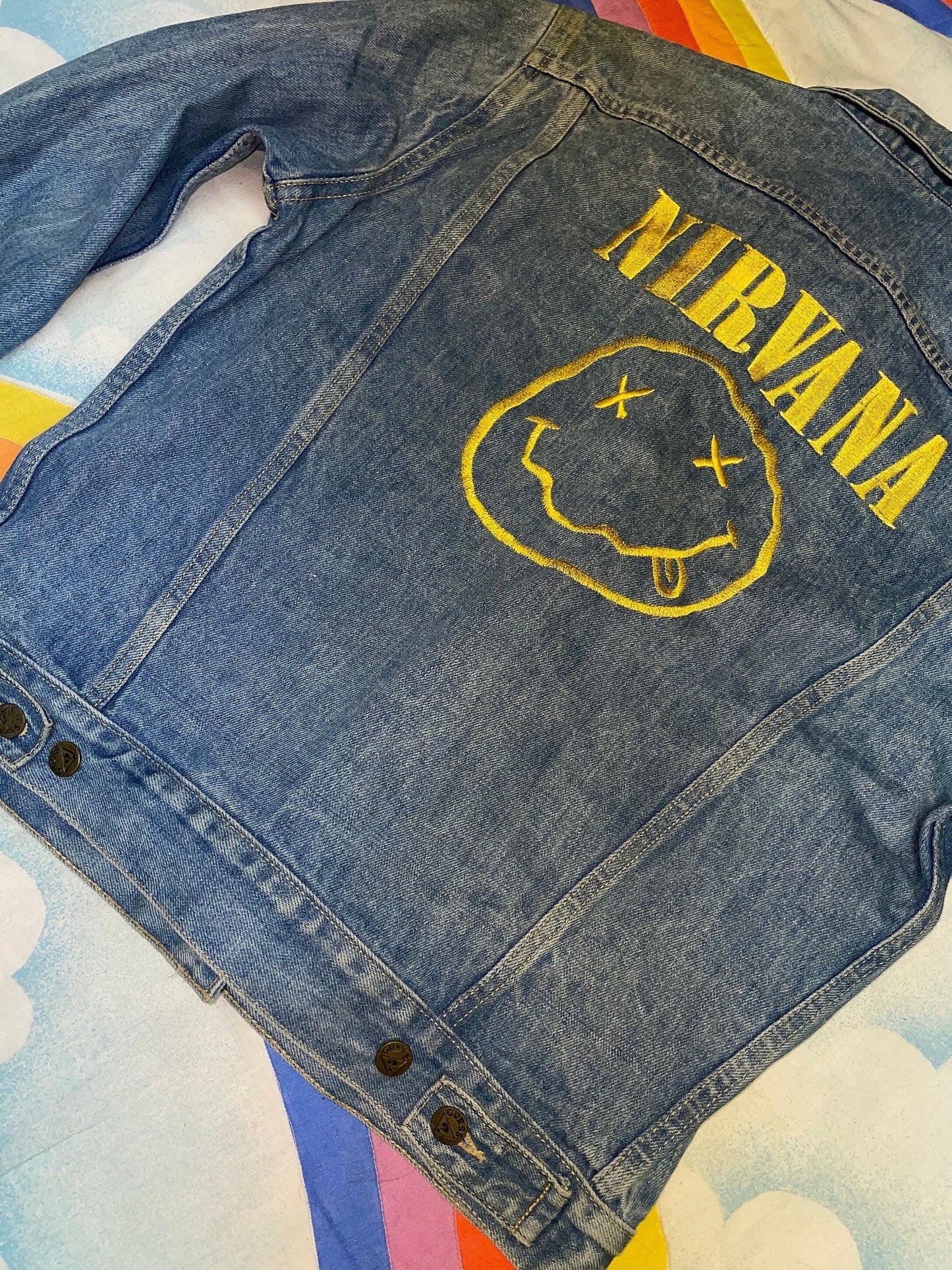 vtg 90s GUESS NIRVANA JEAN Jacket // 90s embroidered smiley face denim trucker style boxy light wash stone wash stoner alternative band tee