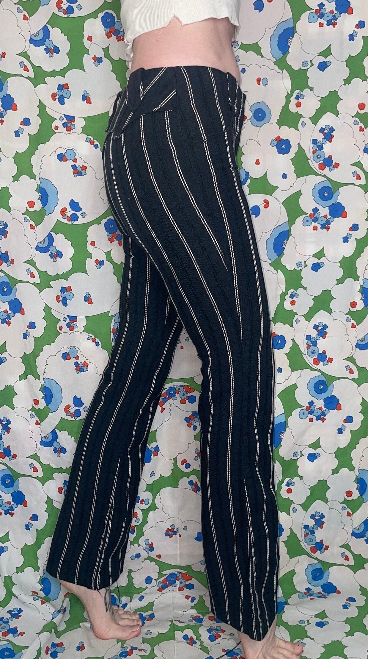 vtg 70s H BAR C PANTS // vintage black & white striped rayon trousers hip hugger flare leg boot cut western retro mod minimalist fall winter