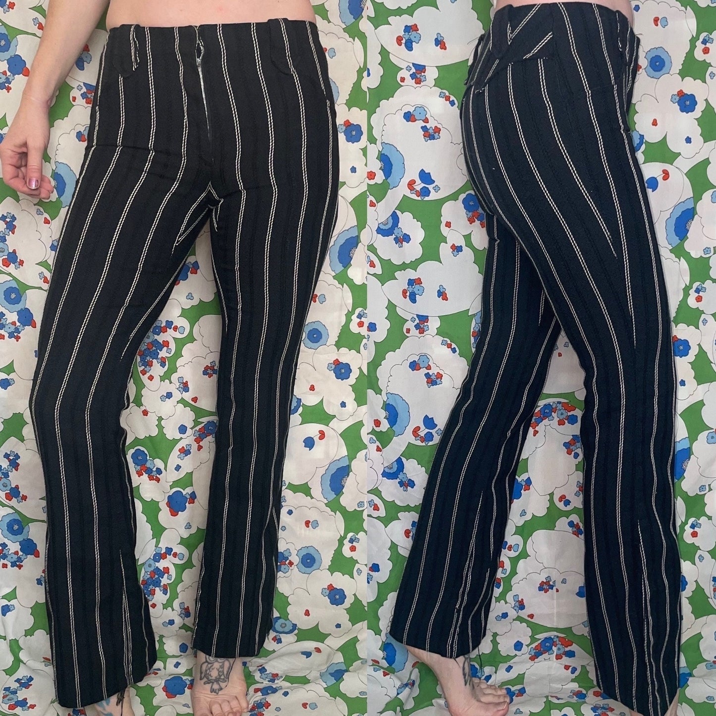 vtg 70s H BAR C PANTS // vintage black & white striped rayon trousers hip hugger flare leg boot cut western retro mod minimalist fall winter