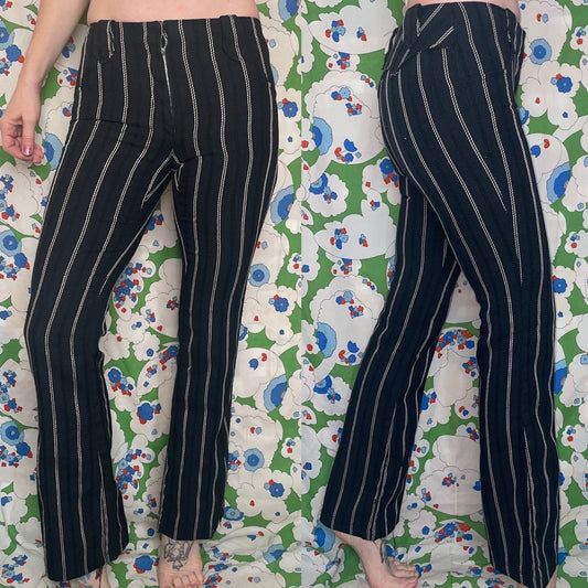 vtg 70s H BAR C PANTS // vintage black & white striped rayon trousers hip hugger flare leg boot cut western retro mod minimalist fall winter