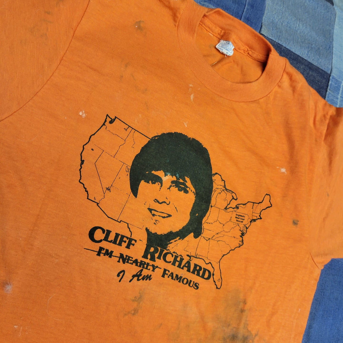 vtg 70s MONKEES SCREEN PRINT Shirt // vintage cliff richard seniors test print orange weird punk art ooak rare 60s band tee pop culture
