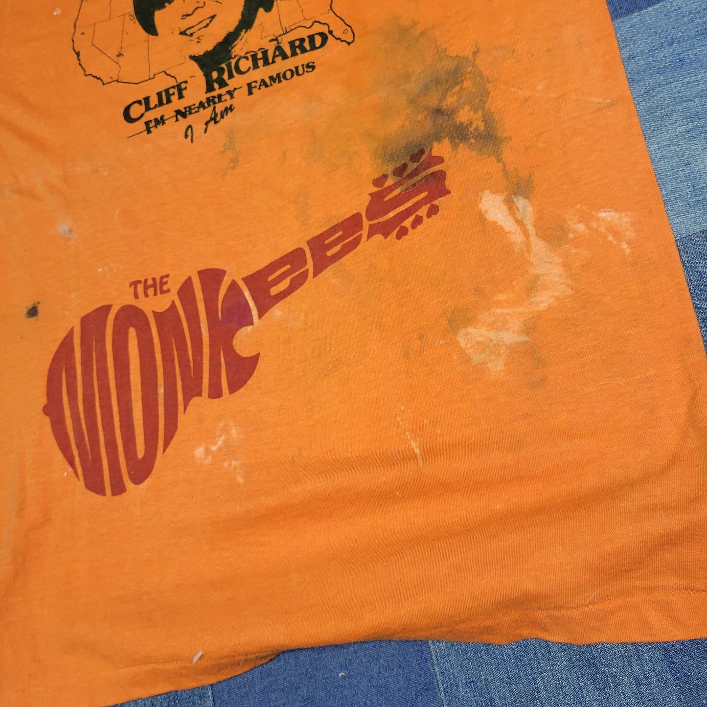 vtg 70s MONKEES SCREEN PRINT Shirt // vintage cliff richard seniors test print orange weird punk art ooak rare 60s band tee pop culture