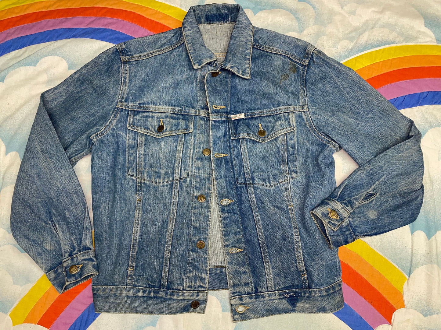 vtg 90s GUESS NIRVANA JEAN Jacket // 90s embroidered smiley face denim trucker style boxy light wash stone wash stoner alternative band tee