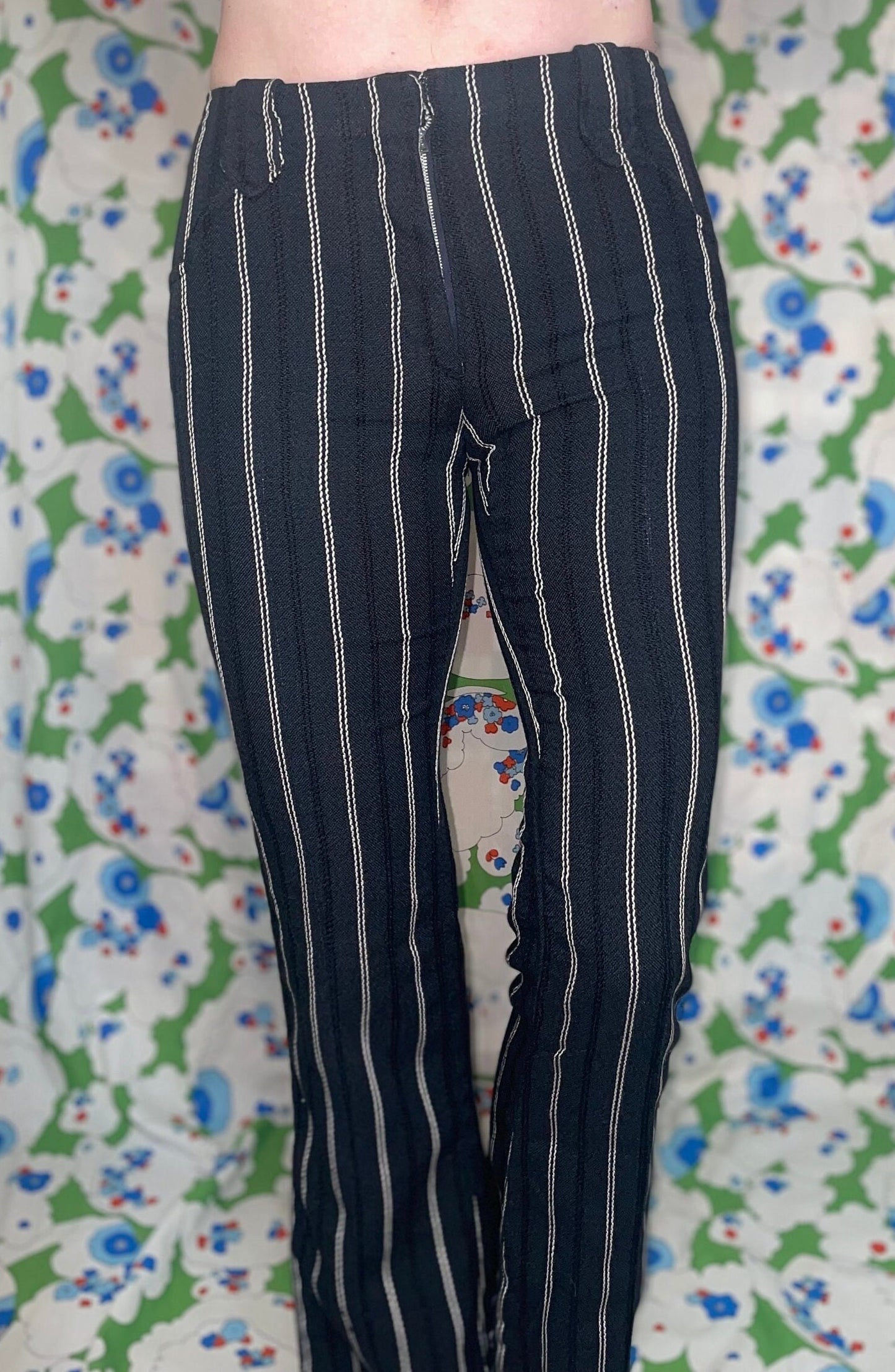 vtg 70s H BAR C PANTS // vintage black & white striped rayon trousers hip hugger flare leg boot cut western retro mod minimalist fall winter