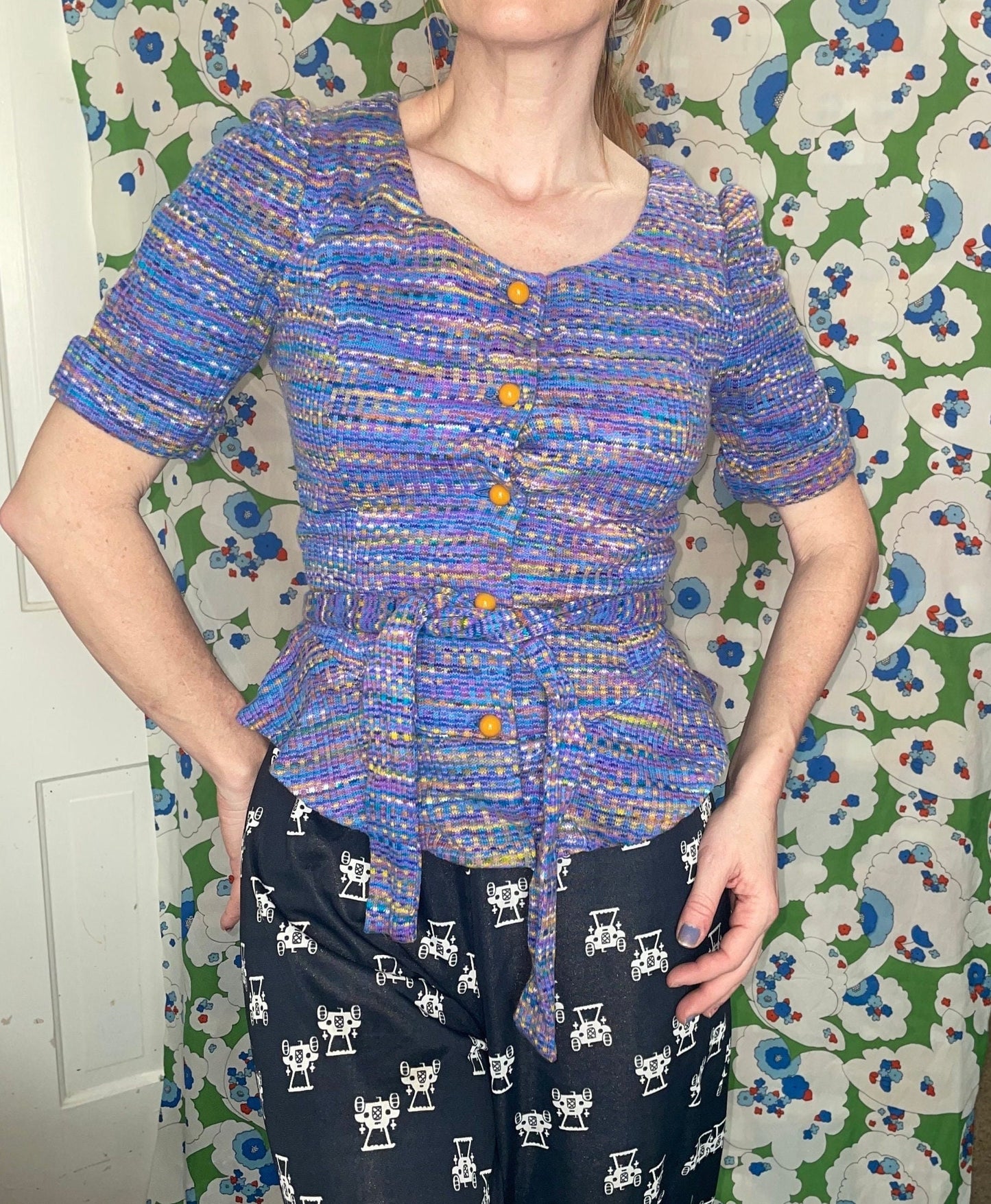 vtg 70s SPACE DYE TOP // vintage purple peplum belted mod hippie blouse pastel lavender psychedelic retro autumn fashion heathered funky top